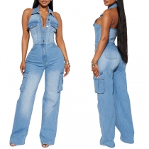 Fashion Halterneck Button V-neck Backless Side Patch Pockets Straight-cut Old-washed Denim Jumpsuit