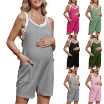 Casual Solid Color Round Neck Sleeveless Patch Pockets Maternity Romper