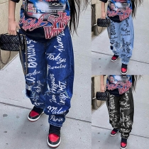 Street Fashion Letter Printed Loose Denim Pants