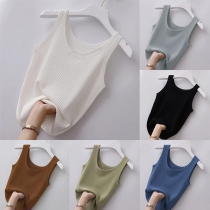 Comfy Solid Color Round Neck Ribbed Sleeveless Shirt