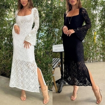 Sexy Square Neck Long Sleeve Side Slit Lace Dress
