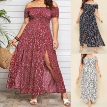 Fashion Floral Printed Off-the-shoulder Short Sleeve Slit Maxi Dress