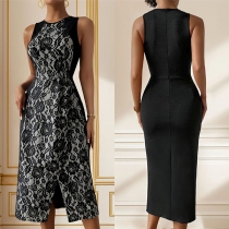 Vintage Round Neck Sleeveless Contrast Color Floral Printed Dress