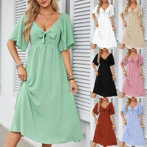 Fashion V-neck Bowknot Short Sleeve Midi Dress