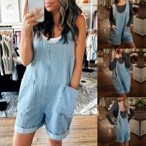 Casual Round Neck Sleeveless Patch Pockets Old-washed Denim Romper