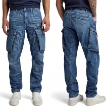 Fashion Side Patch Pockets Old-washed Denim Jeans for Men