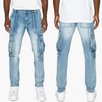 Fashion Side Patch Pockets Old-washed Denim Skinny Jeans for Men
