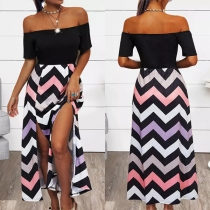 Sexy Off-the-shoulder Short Sleeve Wave Printed Slit Dress