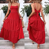 Sexy Square Neck Back Tie Bowknot Tiered Maxi Dress