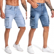 Fashion Side Patch Pockets Old-washed Denim Shorts for Men