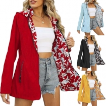 Fashion Floral Print Zip-Up Long Sleeve Hooded  Reversible-wear Windbreaker Jacket for Women