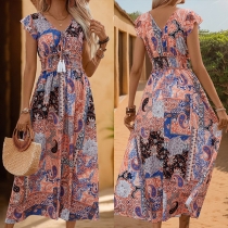 Bohemian Style Floral Printed V-neck Tassel Cap Sleeve Mini Dress
