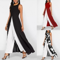 Fashion Contrast Color Sleeveless Front Slit Fake Two-piece Jumpsuit