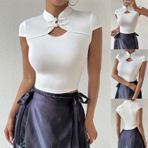 Vintage Mandarin Collar Short Sleeve Slim-fit Shirt