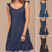 Fashion Round Neck Sleeveless Ruffle Hemline Mini Dress