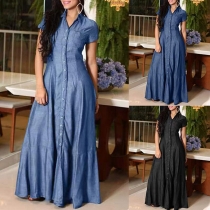 Fashion Stand Collar Stand Collar Short Sleeve Patch Pockets Maxi Shirt Dress