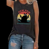 Cute Cartoon Printed Round Neck Sleeveless Shirt