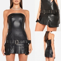 Sexy Strapless Bodycon Ruffle Artificial Leather PU Mini Dress with Belt