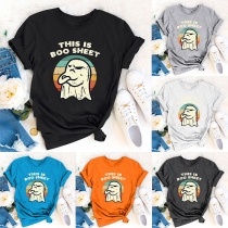 Cute Cartoon Letter Printed Round Neck Short Sleeve Shirt