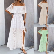 Sexy Jacquard Ruffle Off-the-shoulder Slit Maxi Dress