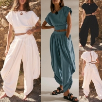 Street Fashion Two-piece Set Consist of Self-tie Crop Top and Loose Pants
