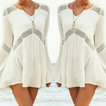 Fashion V-neck Long Sleeve Hollow Out Lace Spliced Dress