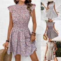 Fashion Floral Printed Cap Sleeve Elastic Waist Mini Dress
