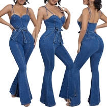 Sexy Sweetheart Necklace Self-tie Shoulder Strap Front Slit Wide-leg Denim Jumpsuit with Belt
