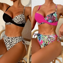 Sexy Contrast Color Floral Printed Side Drawstring Two-piece Bikini Set
