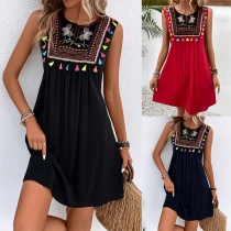 Bohemian Style Floral Embroidered Tassel Sleeveless Dress