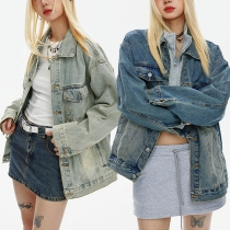Vintage Stand Collar Long Sleeve Old-washed Denim Jacket