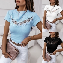 Sexy Lace Spliced Short Sleeve Ribbed Shirt