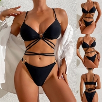 Sexy O-ring Cross-criss Self-tie Two-piece Bikini Set