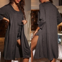 Comfy Solid Color Three-piece Loungewear Consist of Cardigan, Crop Top and Shorts