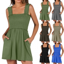 Casual Square Neck Smocked Bodice Side Pockets Romper