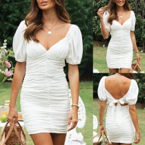 Fashion Solid Color V-neck Short Sleeve Ruched Bodycon Dress