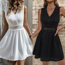 Sweet Style Lace Spliced V-neck Sleeveless Mini Dress