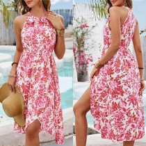 Fashion Floral Printed Halterneck Sleeveless Dress