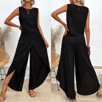 Fashion Solid Color Two-piece Set Consist of Crop Top and Wide-leg Pants