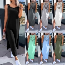 Bohemia Style Round Neck Back Floral Hollow Out Slit Tank Dress