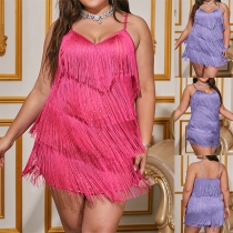 Fashion Rhinestone Tassel V-neck Cami Plus-size Party Dress