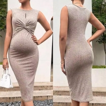 Comfy Front Ruched Sleeveless Ribbed Maternity Dress