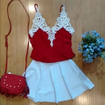 Fashion Lace Spliced Tops + White Skirt Two-piece Set