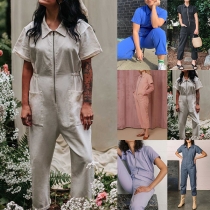 Casual Half-zipper Stand Collar Short Sleeve Patch Pockets Jumpsuit