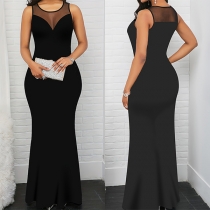 Sexy Gauze Spliced Sleeveless Fishtail Maxi Dress