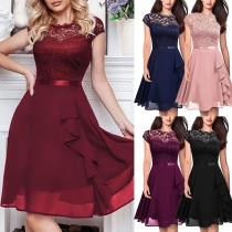 Fashion Round neck Short Sleeve Lace Spliced Chiffon Ruffle Dress