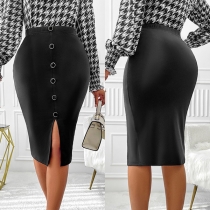 Fashion Front Button Slit High-rise Pencil Skirt