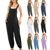Casual Solid Color Patch Pockets Cotton Linen Suspender Jumpsuit