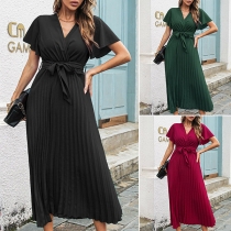 Fashion V-neck Short Sleeve Self-tie Pleated Dress