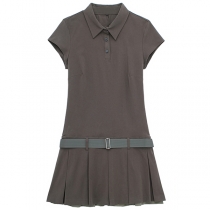 Casual Stand Collar Cap Sleeve Pleated Hemline Dress with Belt